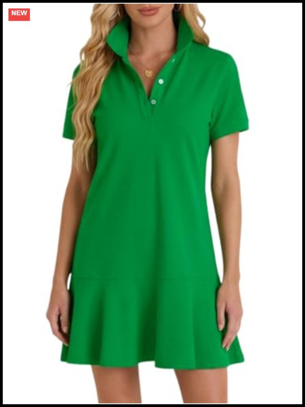 D-Sun Cotton Blend Polo Dress Short Sleeve V Neck Ruffle Hem Golf Tennis Mini